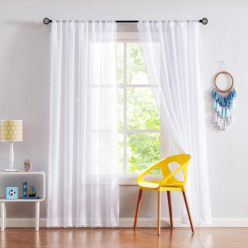 Treatmentex Pom-Pom Sheer White Curtains Extra Long 108-inch for Living Room, Slub Linen Textured White Sheer Window Drapes for Bedroom 2 Pack 52" w - Image 2